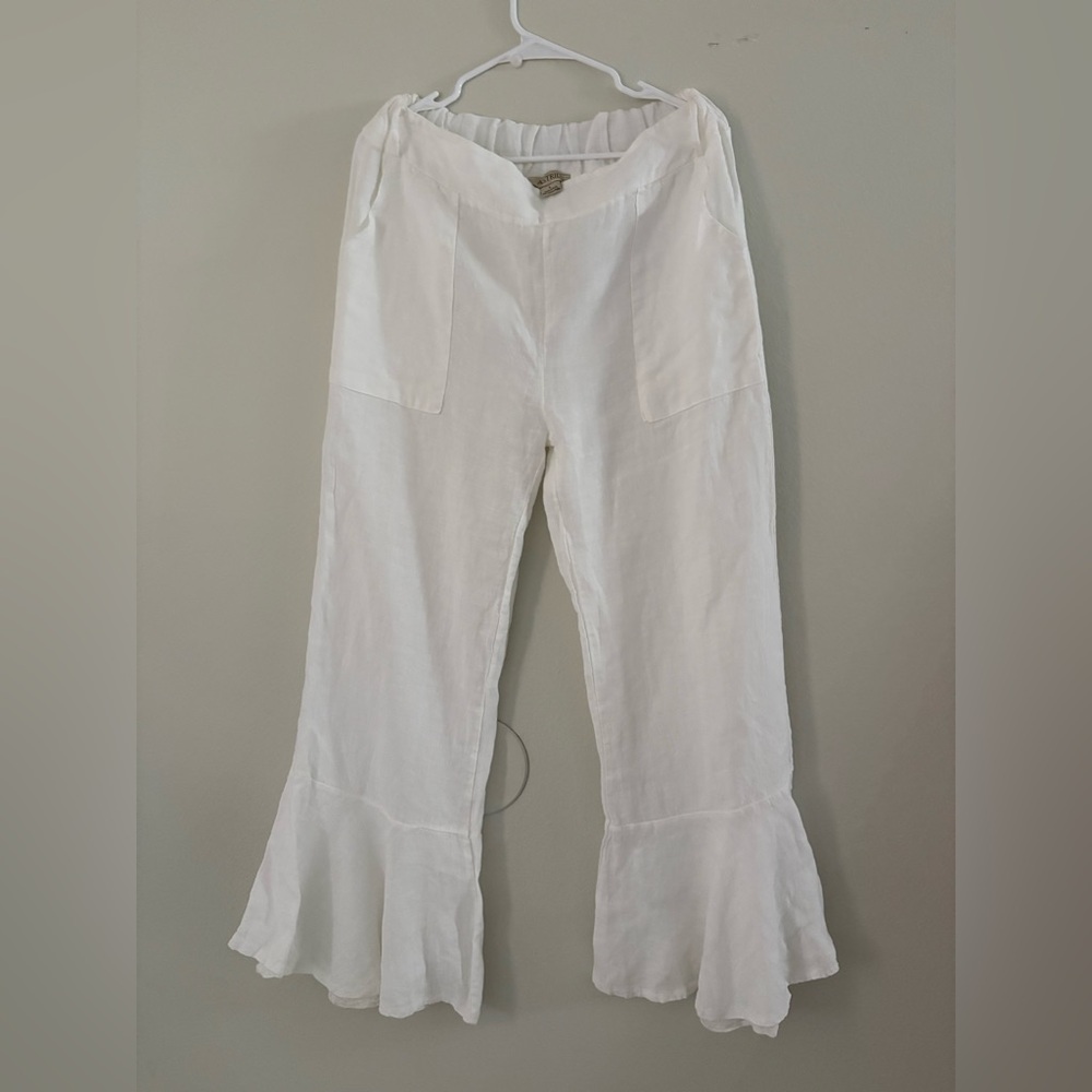 ASTRY White 100% Linen Flared Hem Pants
